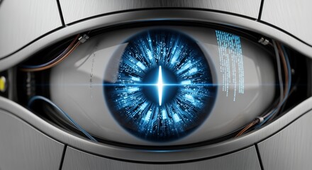 Detailed close-up of a robotic eye with internal circuit patterns and coding display, concept for artificial intelligence interface, advanced technology systems and futuristic vision systems