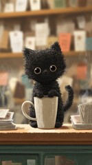 A cute soft black cartoon kitten character is having a coffee cup