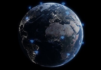 Naklejka premium Earth globe in space with city lights and wifi symbols indicating global connectivity and communication.