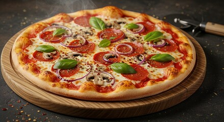 Close up of a freshly baked pepperoni pizza with basil, mushrooms, and red onions on a wooden board, concept for restaurant menus, food blog illustrations and culinary demonstrations