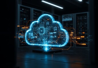 A vibrant blue digital cloud icon, intricately designed with circuit board patterns, illuminated within a dark, futuristic server room environment.