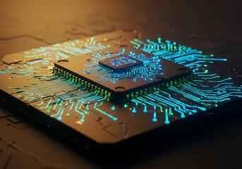 A close-up view of a complex microchip with glowing blue and green circuits, showcasing intricate technology and digital connections.