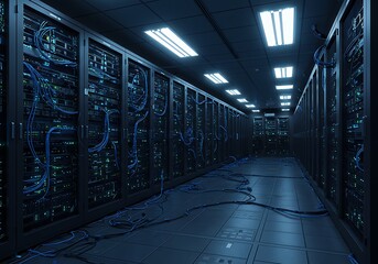 A long, dimly lit corridor in a modern data center filled with rows of network server racks and tangled blue cables.