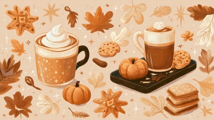 A cozy cartoon design in warm tones of autumn or fall. Coffee cup with cookies