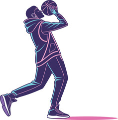 Obraz premium person playing basketball in hoodie and sneakers holding ball in dynamic pink and blue design