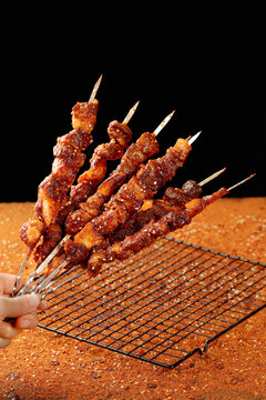 Grilled Lamb Kebabs on Skewers - Traditional BBQ Street Food with Charcoal Flames