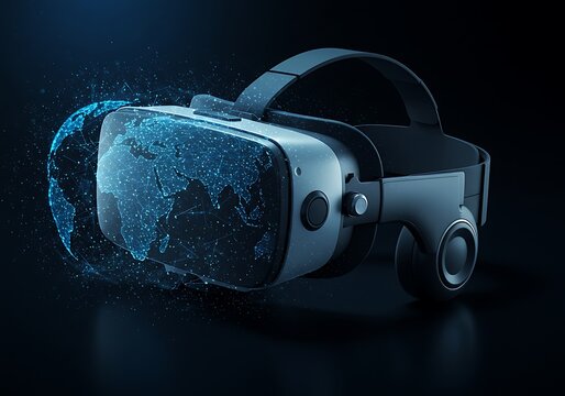 A VR headset displays a digital globe with glowing particles, suggesting virtual reality and global connectivity on a dark background. - Powered by Adobe