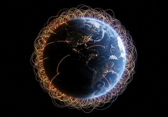 Planet Earth at night, enveloped by a glowing network of interconnected lines representing global communication.
