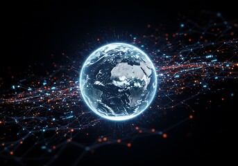 Illuminating digital Earth globe at the center of a vibrant, interconnected global network of data.