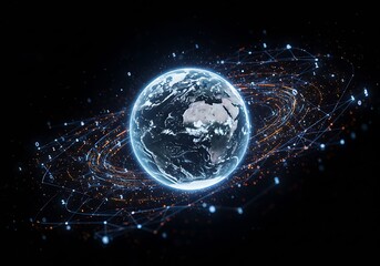 Digital rendering of Earth surrounded by glowing network connections and data streams against a black background, visualizing global connectivity.