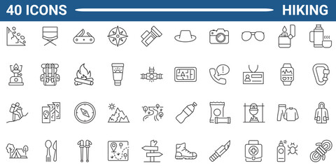 Hiking line icon set. Includes Hiking, adventure, outdoor, mountain, nature, and camping. Editable stroke. Vector illustration