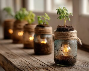Beautiful plants in jars with rustic lighting, perfect for home decor inspiration.