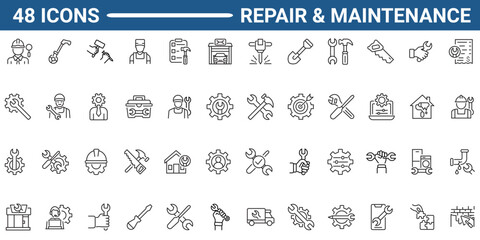 Set of 48 outline icons related to repair, maintenance, construction. Linear icon collection. Editable stroke. Vector illustration.