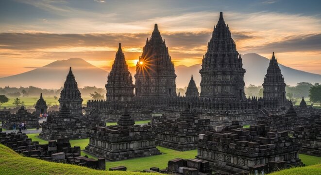 Prambanan Temple Complex at Sunrise with Sunburst, Ancient Stone Structures, and Misty Mountains in Java, Indonesia