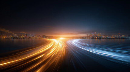 Dynamic Pathways: A captivating long exposure captures the essence of movement and progress as vibrant light trails weave through the cityscape, creating a futuristic spectacle of speed and energy.
