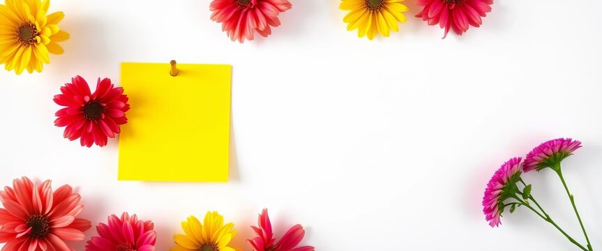 Bright yellow sticky note isolated on white background,  workspace,  clean