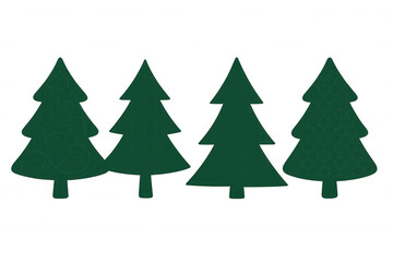 Green christmas tree silhouettes with patterns on a transparent background, winter holiday decoration clip art