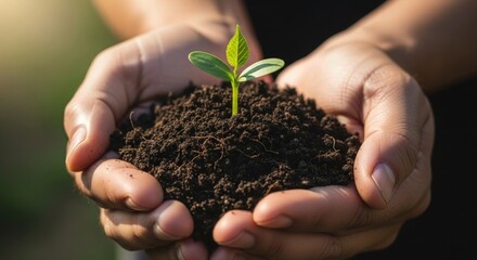 Nurturing new beginnings a tiny seedling sprouts from rich soil held gently in caring hands, symbolizing hope, growth, and environmental stewardship for a sustainable future