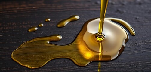 Golden olive oil poured, creating swirls on dark wooden background ,  wood, olive oil