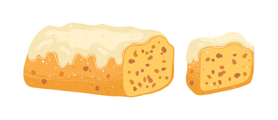 Cake traditional German Christmas Stollen illustration. Pie cupcake dessert with dried fruit raisins icing glaze. Pastry bit desserts hand drawn textured cartoon vector illustration