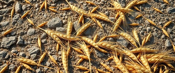 Golden wheat stalks scattered on a rough stone surface,  food,  ground