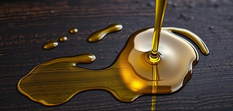 Golden olive oil poured, creating swirls on dark wooden background , wood, olive oil