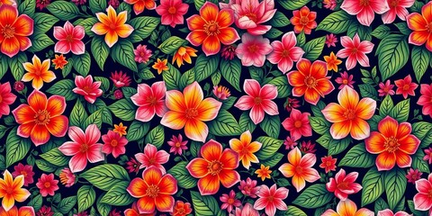 Intricate, continuous floral pattern with vibrant blooms and lush leaves, image, light