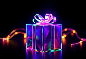 Neon holographic gift box radiates vibrant light against a black background, perfect for holiday celebrations,  gift,  present