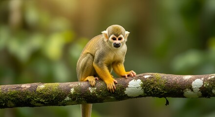 Cute Small Monkey Sitting on Mossy Tree Branch in Lush Green Forest