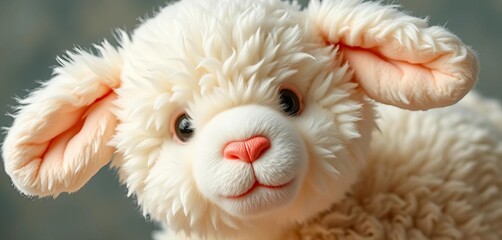 Soft, fluffy white lamb teddy with floppy ears and sweet face,  artwork,   cotton