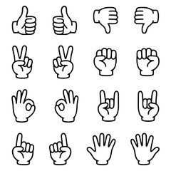 Fototapeta premium A collection of hand gesture vector icons in a simple black line doodle style. These include various expressions such as thumbs up and down, peace sign, OK sign, clenched fist, rock sign, and more.