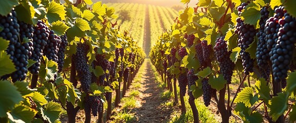Sun-drenched vineyard rows heavy with ripe grapes, stem, green grapes