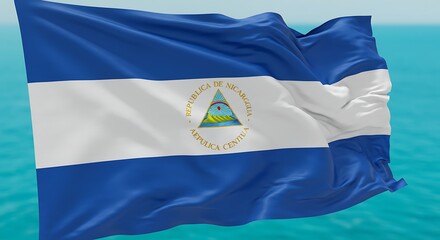 Nicaraguan flag waving in the wind with blue and white stripes