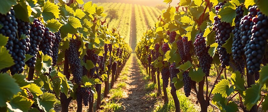 Sun-drenched vineyard rows heavy with ripe grapes, stem, green grapes - Powered by Adobe