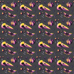 Halloween watercolor seamless pattern Halloween  pumpkins, skulls, flowers, and spooky autumn elements. Perfect for invitations, cards, posters, templates, packaging, and seasonal design projects.