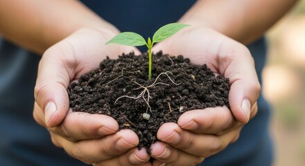 Nurturing growth with care, hands delicately holding a vibrant seedling emerging from fertile soil, symbolizing new beginnings and environmental responsibility for a sustainable future