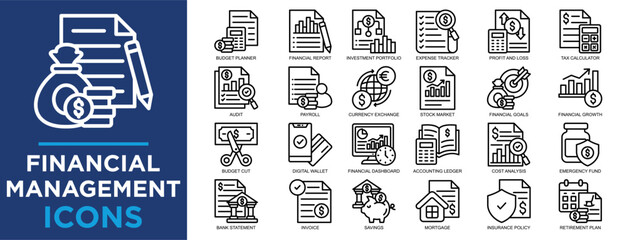 financial management, finance, management, business, investment, financial icon set. Outline icons collection. Simple vector illustration	