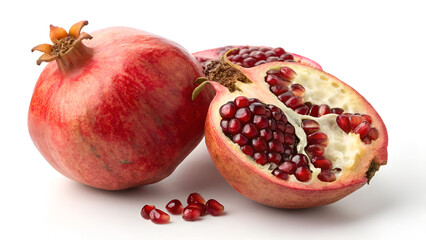Whole pink pomegranate fruit and cut in a half isolated with clipping path, pomegranate isolated on white background