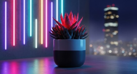 Modern cactus plant in pot illuminated by colorful neon lights