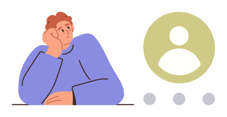 Individual resting head in hand beside abstract profile icon and three dots, expressing reflection and connection. Ideal for introspection, identity, social media, networking, communication