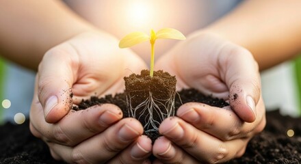 Nurturing growth and new beginnings as hands cradle a vibrant seedling, symbolizing hope, sustainability, and the beauty of nature's resilience in a world embracing eco-conscious living