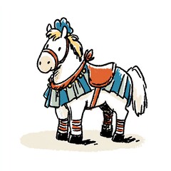 Charming Cartoon Horse in Festive Attire Stands Proudly, Displaying Joyful Demeanor Against a Simple White Background