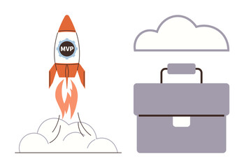 Rocket labeled MVP launching with smoke, briefcase symbolizing business, cloud for digital innovation. Ideal for entrepreneurship, business startup, product launch, innovation, cloud solutions