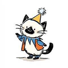 A whimsical Siamese cat, dressed in a festive jester outfit, waves cheerfully. A party hat adorns its head, adding to the joyful scene.