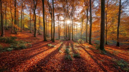 Obraz premium Serene Autumn Forest Landscape with Golden Leaves and Warm Sunlight Streaming Through Tall Trees