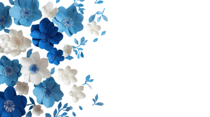 Paper flowers, blue and white, on transparent background