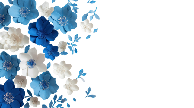 Paper flowers, blue and white, on transparent background