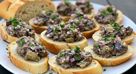 Delicious appetizers with bread slices garnished with fresh herbs
