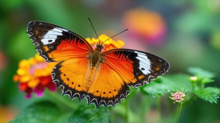 Fototapeta premium Vibrant Orange Butterfly Resting on Colorful Flower in a Garden Setting with Soft Focus Background