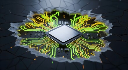 Advanced Computer Chip Breaking Through Surface, Surrounded by Glowing Green and Yellow Circuit Connections, Representing High-Tech Innovation and Microprocessor Power

